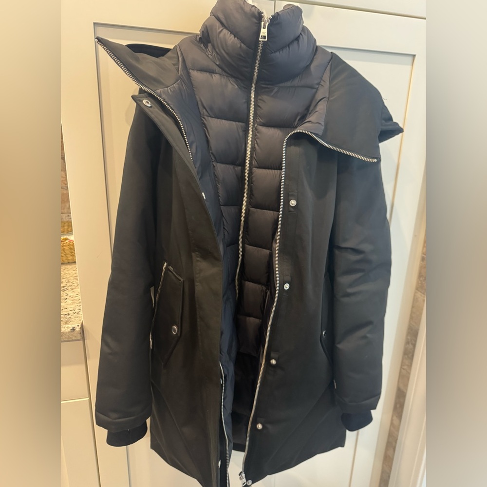 SOIA & KYO black hooded down parka with built in vest size XS